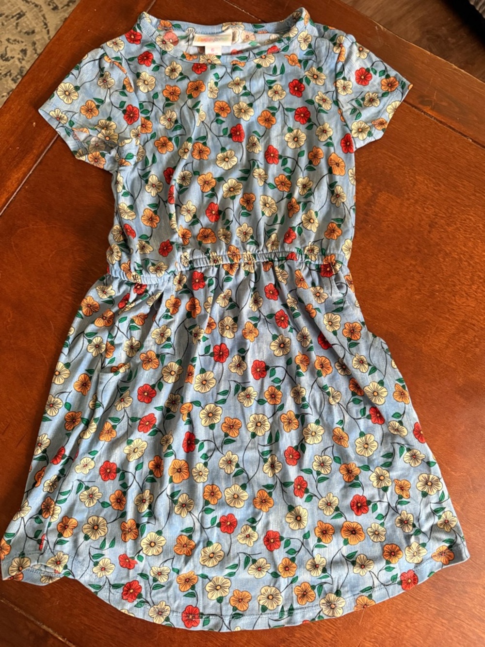 Girls' Blue Floral Elastic-Waist Dress